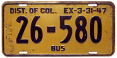 1946 (exp. 3-31-47) Bus plate no. 26-580. "AGL660" stamped on the front indicates that it was used by American Greyhound Lines on its bus no. 660, which was a 1937 Yellow Coach model 743.