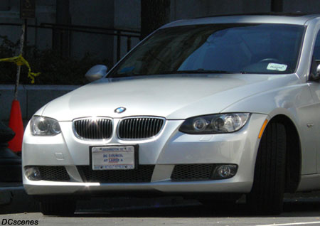 A BMW registered with a plate marked DC Council At Large A on March 17, 2009, near the District Building.