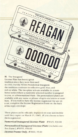 1985 Inaugural plate ordering information from a souvenir promotional brochure