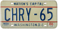 1978 base Personalized plate no. CHRY-65 validated through Nov. 1986