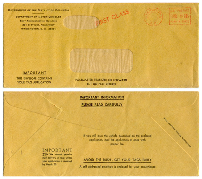 1969 (exp. 3-31-70) registration renewal application mailing envelope