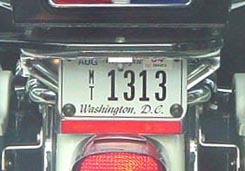 Current-issue motorcycle plate no. MT 1313 displayed on a D.C. Police motorcycle