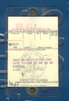 1965 Dealer registration certificate for plate no. DA-012 pictured above