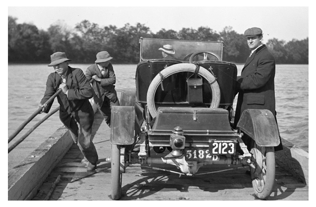 Buick coupe being ferried across the Potomac River in Oct. 1909.