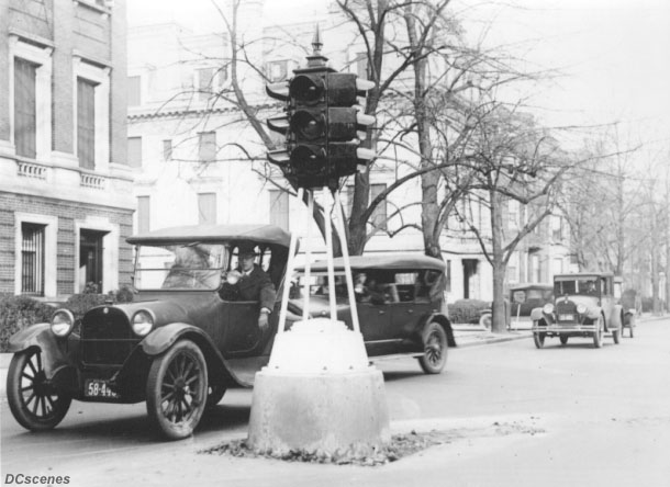 The first four-way traffic signal with red, amber, and green lights in the U.S. was installed in Detroit in October 1920. Within five years, this light was in service at New Hampshire Ave. and 18th St. in Washington.
