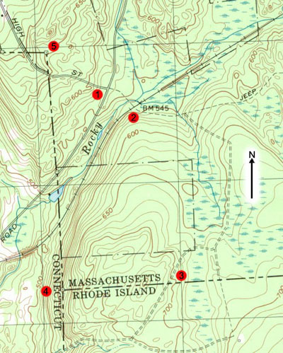 A map of the area around the Tri-State Marker and northeast corner of Connecticut. (A portion of the USGS Oxford, Mass. quadrangle)