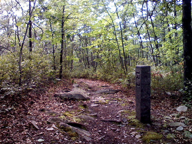 A marker along the trail that straddles the Massachusetts-Rhode Island border.